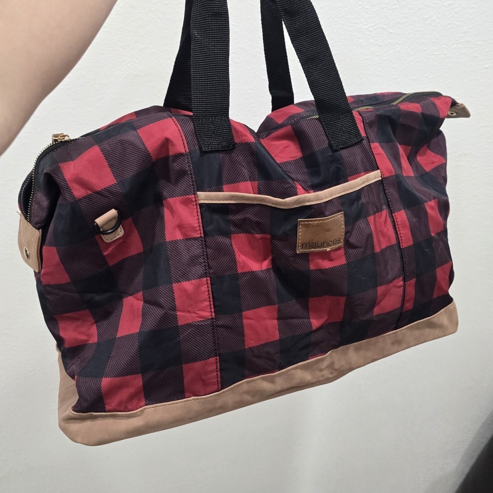 Maurices Buffalo Plaid Duffle Bag Red‎ Black Check Travel Weekender Gym Tote NWT